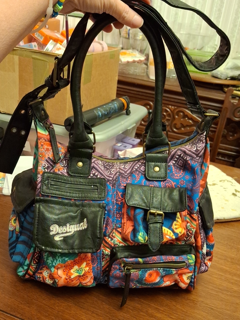 Desigual Blue Orange Floral Mixed-Print Shoulder Bag Preloved